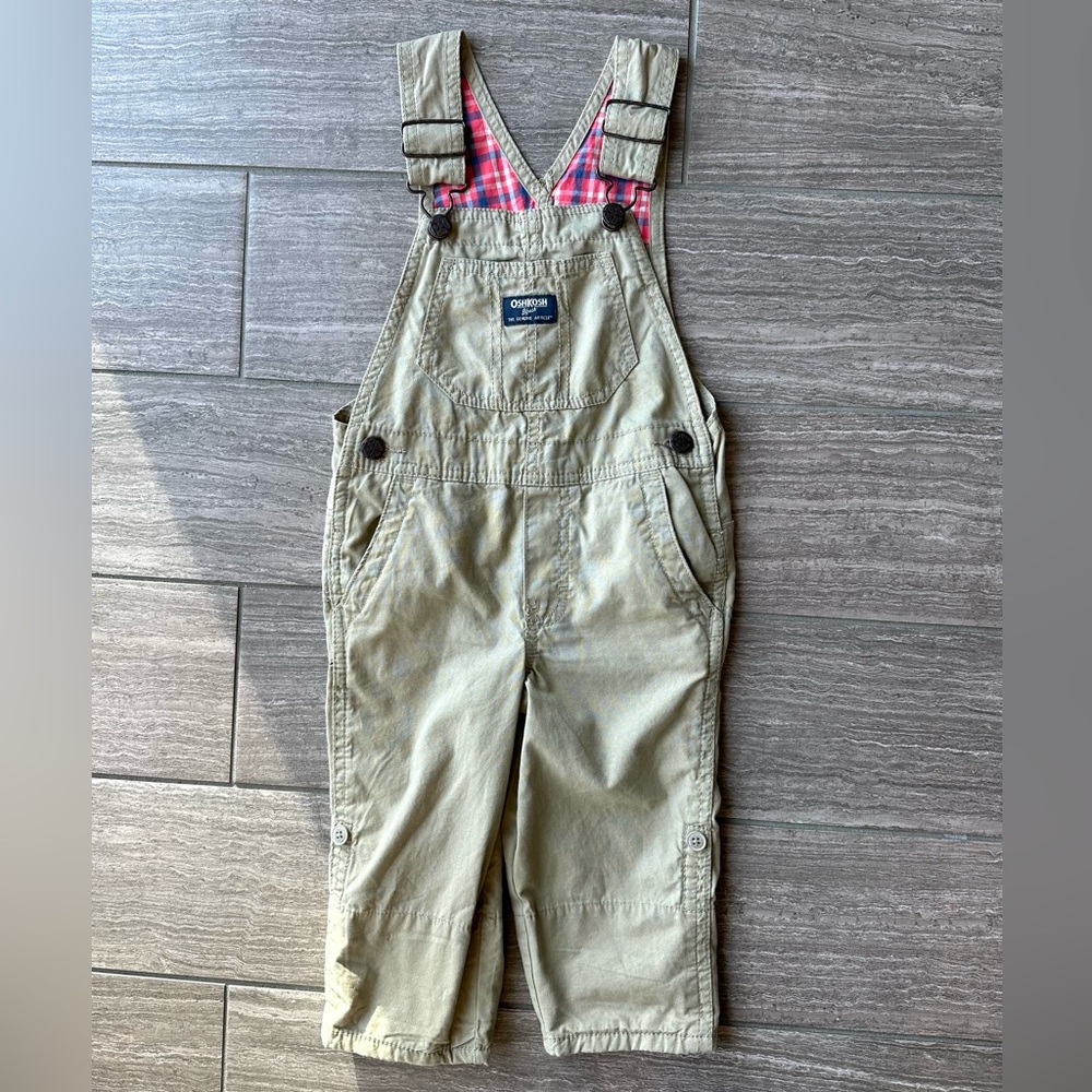 Oshkosh b’gosh khaki overalls with plaid inner lining 2T